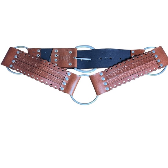 Brown Tooled Leather Wide Statement Belt Rings Boho Waist Festival Women’s Sz S - Picture 1 of 11